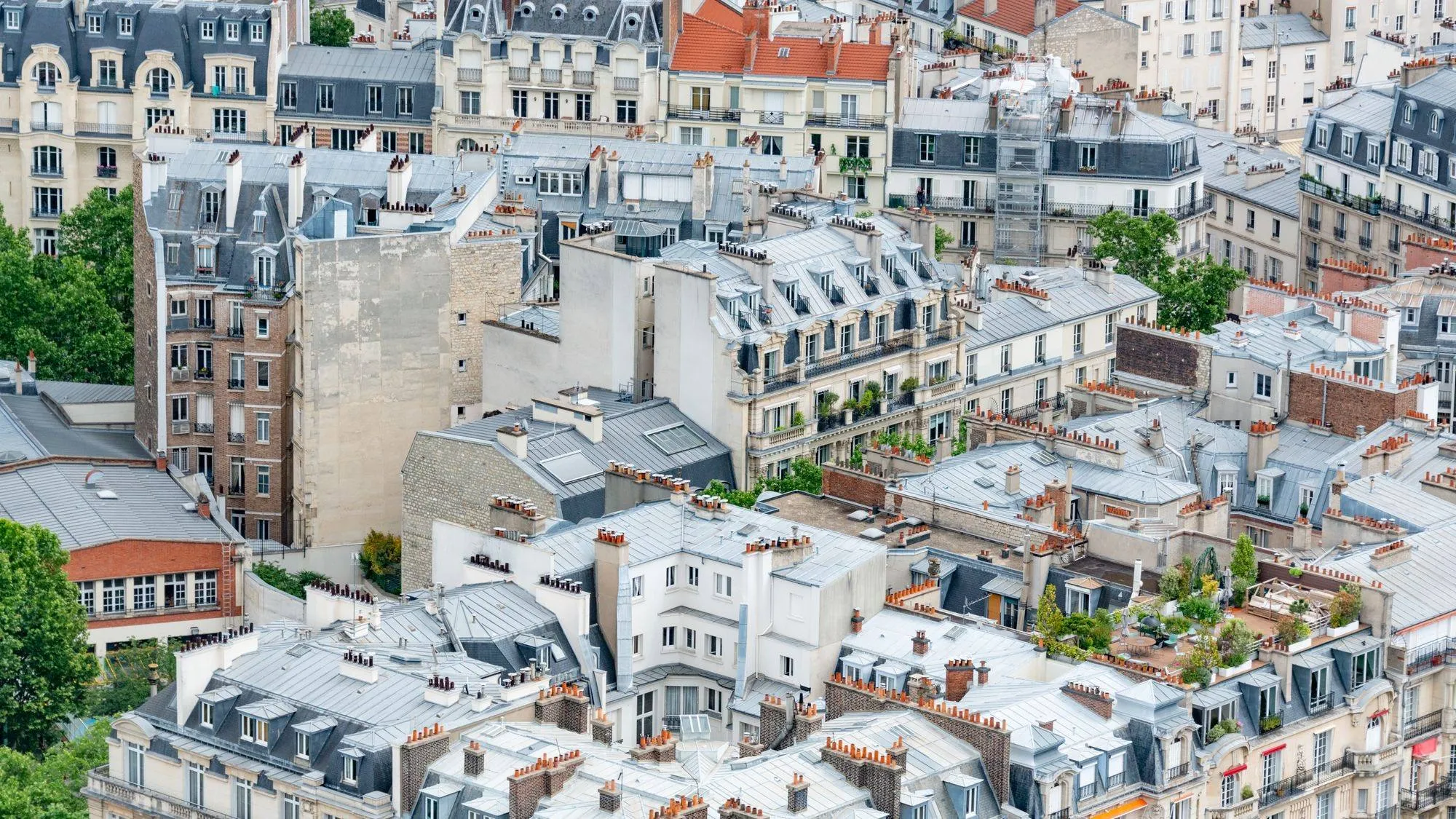 Toits d'immeubles parisiens vus d'en haut, en noir et blanc